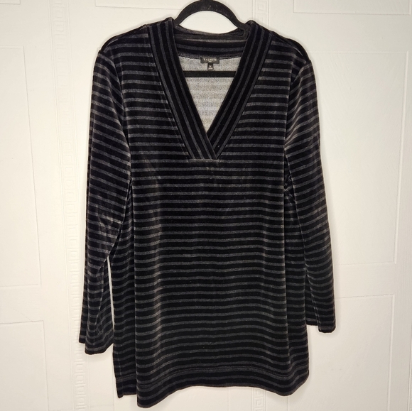 Talbots Plus Luxe Velour V Neck Long Sleeve Black Gray Striped Tunic Sz 1X EUC - Picture 1 of 11